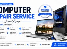 រូបផ្សព្វផ្សាយសេវាជួសជុលកុំព្យូទ័ររបស់ Angkor Tech Computer នៅសៀមរាប