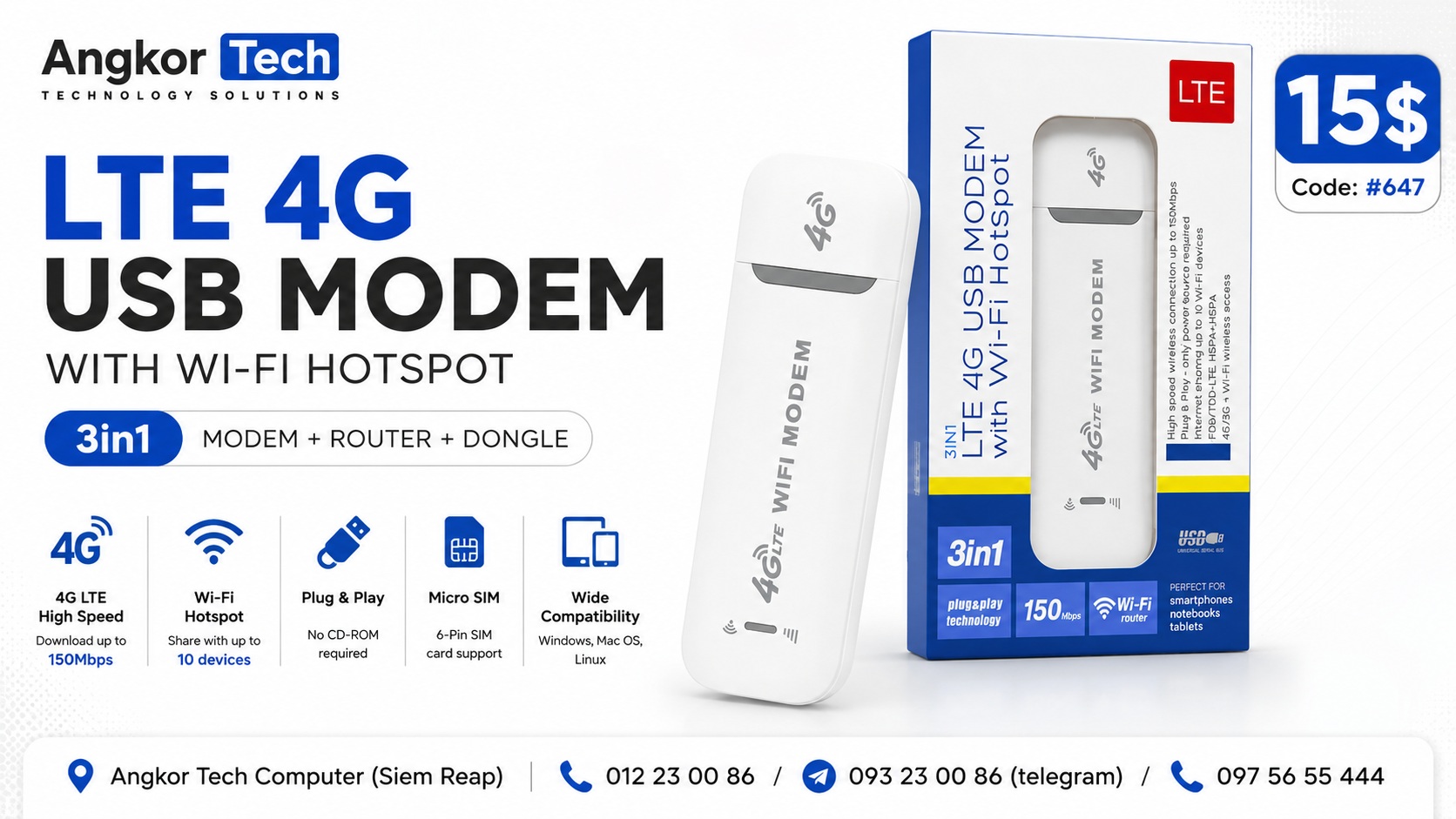 LTE 4G USB Modem with Wi-Fi Hotspot (3-in-1) - AngkorTech