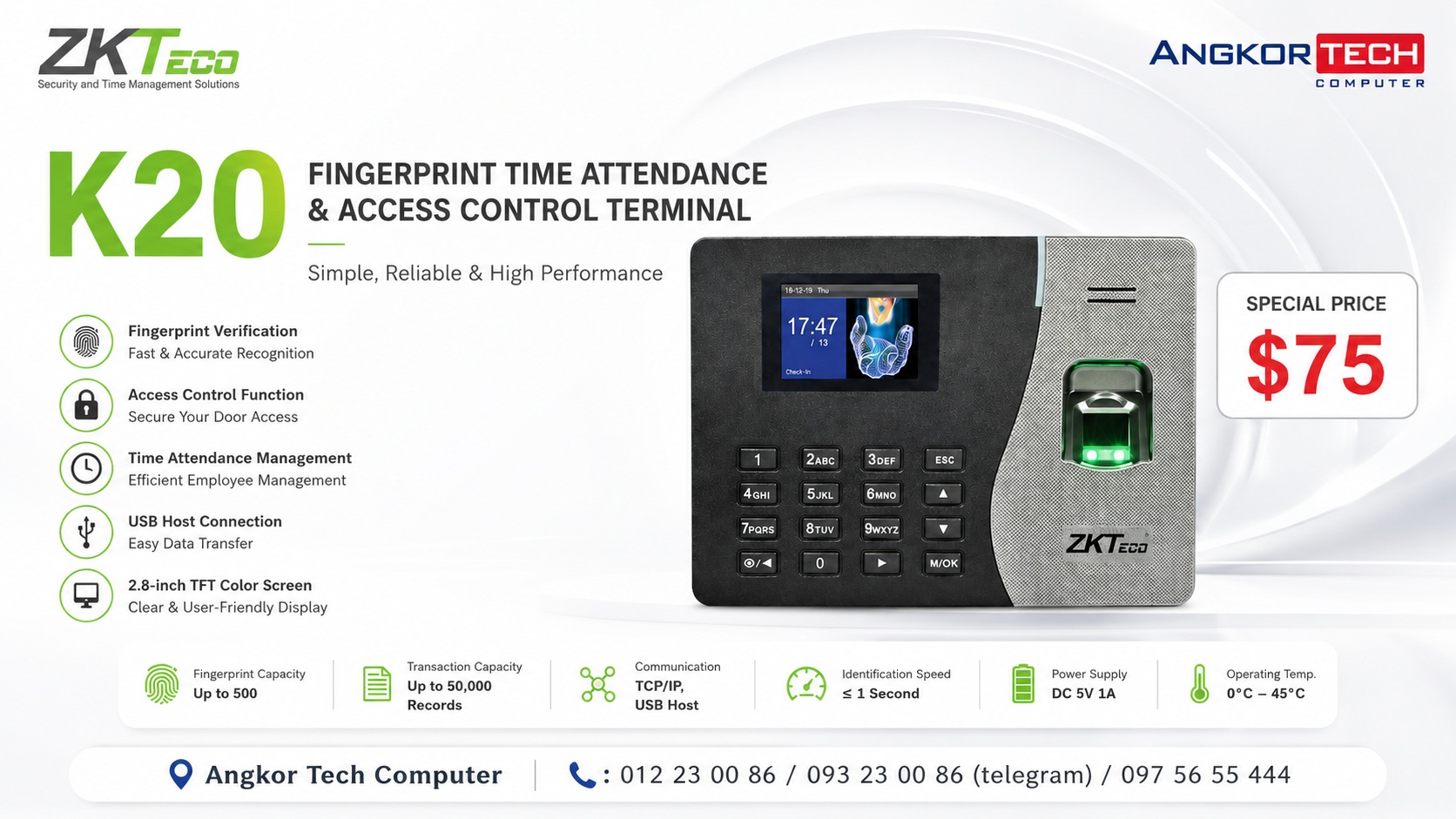 ZKTeco K20 – Fingerprint Time Attendance & Access Control - AngkorTech