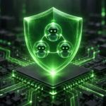 Conceptual illustration of three AI agents protected by a glowing green security shield above computer circuitry.