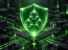 Conceptual illustration of three AI agents protected by a glowing green security shield above computer circuitry.