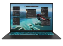 Front view of matte black ASUS Gaming V16 V3607 laptop with open display