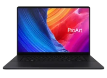 Front view of the ASUS ProArt P16 H7606 laptop in Nano Black with the display open