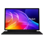 Front view of ASUS ProArt PZ14 HT7407 with Bluetooth keyboard and stand cover