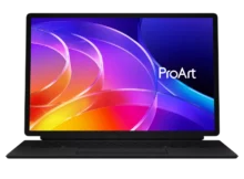 Front view of ASUS ProArt PZ14 HT7407 with Bluetooth keyboard and stand cover