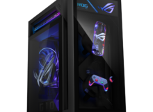 ASUS ROG G1000 GM1000 black gaming desktop, three-quarter front view