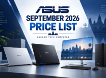 ASUS September 2026 price list at Angkor Tech Computer, with illustrative laptops and desktop computers.