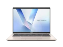 Front view of ASUS Vivobook 14 M1407 in Platinum Gold with open display