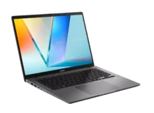 ASUS Vivobook S14 M3407 in Matte Gray, open at an angle