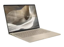 ASUS Zenbook A14 UX3407 in Zabriskie Beige, open at an angle