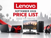 Lenovo September 2026 price list at Angkor Tech Computer with illustrative computers and accessories.