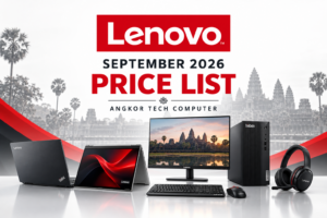 Lenovo September 2026 price list at Angkor Tech Computer with illustrative computers and accessories.