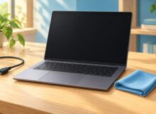 រូបគំនូរ Laptop បិទអេក្រង់នៅលើតុឈើ ជាមួយខ្សែភ្លើងដកចេញ និងក្រណាត់ microfiber ពណ៌ខៀវ សម្រាប់ការថែទាំ Keyboard