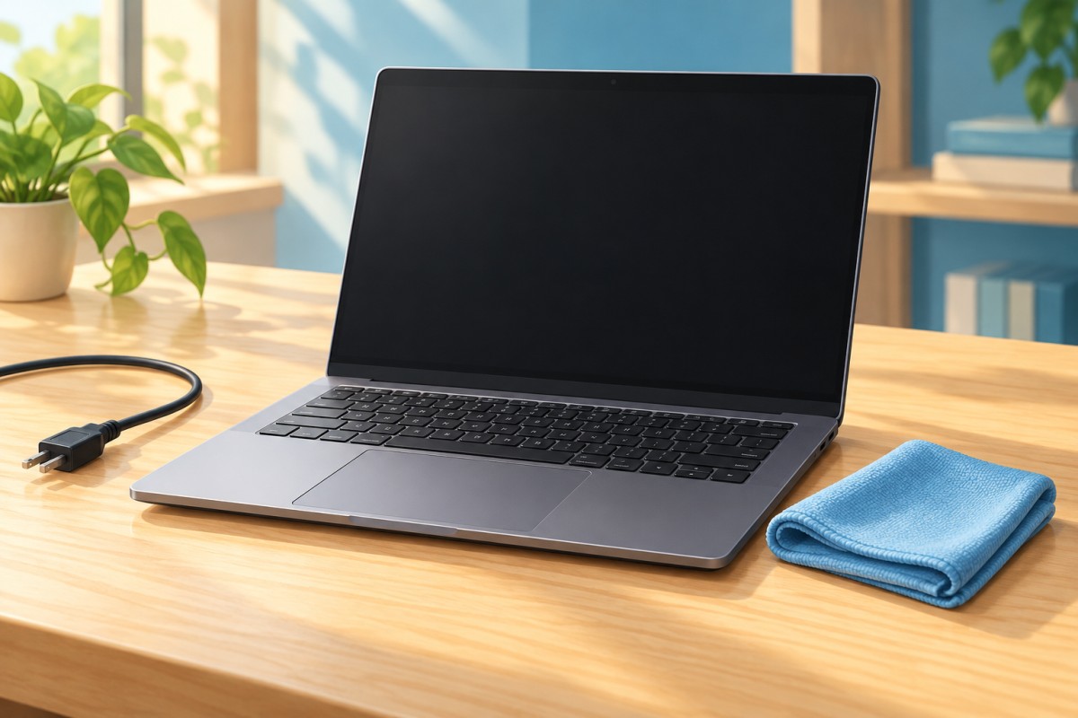 រូបគំនូរ Laptop បិទអេក្រង់នៅលើតុឈើ ជាមួយខ្សែភ្លើងដកចេញ និងក្រណាត់ microfiber ពណ៌ខៀវ សម្រាប់ការថែទាំ Keyboard