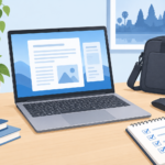 រូបគំនូរ Laptop នៅលើតុ ជាមួយបញ្ជីត្រួតពិនិត្យ កណ្ដុរ និងកាបូប សម្រាប់ការជ្រើសរើសកុំព្យូទ័ររៀន និងធ្វើការ