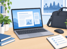 រូបគំនូរ Laptop នៅលើតុ ជាមួយបញ្ជីត្រួតពិនិត្យ កណ្ដុរ និងកាបូប សម្រាប់ការជ្រើសរើសកុំព្យូទ័ររៀន និងធ្វើការ