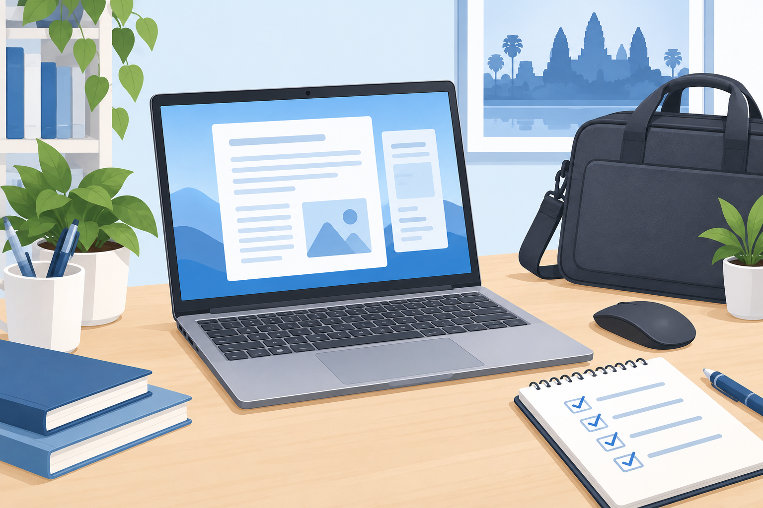 រូបគំនូរ Laptop នៅលើតុ ជាមួយបញ្ជីត្រួតពិនិត្យ កណ្ដុរ និងកាបូប សម្រាប់ការជ្រើសរើសកុំព្យូទ័ររៀន និងធ្វើការ