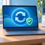 រូបគំនូរ Laptop នៅលើតុ បង្ហាញសញ្ញាអាប់ដេត និងខែលសុវត្ថិភាព ជាមួយប្រតិទិន និងកណ្ដុរ