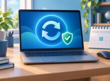 រូបគំនូរ Laptop នៅលើតុ បង្ហាញសញ្ញាអាប់ដេត និងខែលសុវត្ថិភាព ជាមួយប្រតិទិន និងកណ្ដុរ
