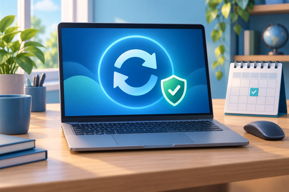 រូបគំនូរ Laptop នៅលើតុ បង្ហាញសញ្ញាអាប់ដេត និងខែលសុវត្ថិភាព ជាមួយប្រតិទិន និងកណ្ដុរ